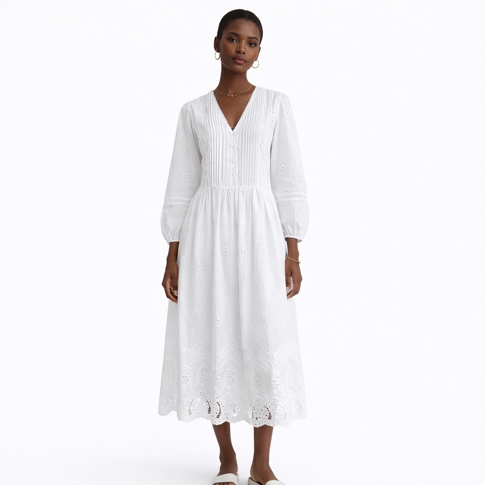 Zara Mariah White Eyelet Midi Dress NWT Medium Boho Coastal